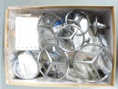 Various Mercedes badges, insignia and mascots to include at least 10 mascots, many items new old