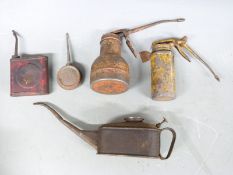 A quantity of tools including vintage oil cans, funnels, address stamp for 4 The Avenue, Farnham