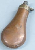 Copper and brass pistol or revolver powder flask, 12cm long.