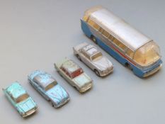 Five Tri-ang Spot-On diecast model vehicles including Mulliner Luxury Coach, Jaguar 3.4, Volvo 122