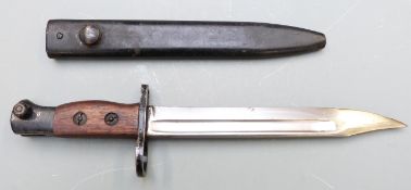 British No5 Mk1 pattern knife bayonet with large muzzle ring, 20cm 'bowie' style blade and scabbard