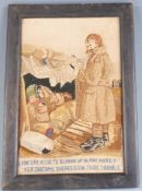 Framed World War One interest tapestry depicting trench life for two 'tommies'