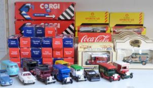 Fifty Corgi, Lledo, Maisto and similar diecast model vehicles including Volkswagen Chocolate