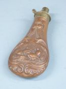 James Dixon & Sons copper and brass powder flask with embossed bird decoration, 19.5cm long.