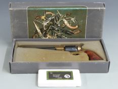 Colt style .44 six shot percussion hammer action blank firing revolver with brass frame, shaped