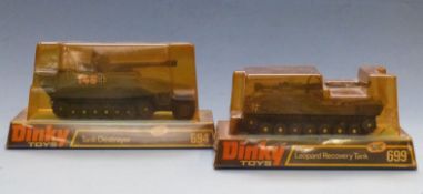 Two Dinky Toys diecast model military vehicles Tank Destroyer 694 and Leopard Recovery Tank 699,