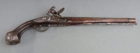 Flintlock hammer action pistol with engraved steel, lock, hamer, wrist cartouche, butt cap,