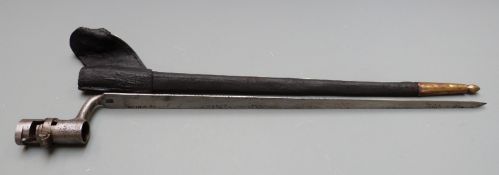 American 1835/1842 pattern socket bayonet stamped US to 45cm blade, with leather scabbard and