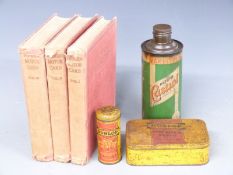 Three classic/vintage car tins including Castrol XL and Dunlop together with a set of three modern