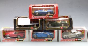 Six Burago 1:24 scale diecast model vehicles comprising Mercedes-Benz 300 SL (1954), two Ford AC