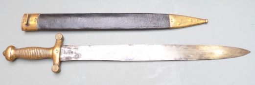 French 1831 pattern short sword with brass grip and crosspiece, 49cm blade and scabbard