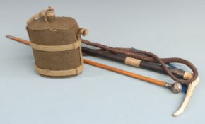 Hallmarked silver swagger stick, hallmarked silver mounted riding crop and a water bottle