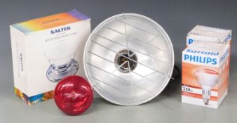 A heat lamp and bulbs for raising poultry, together with boxed Salter kitchen scales