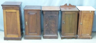 Five mahogany pot cupboards, one with marble top, average size W40 D38 H76cm
