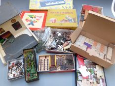 A collection of various toys including Casio SA-8 keyboard, Minibrix, farm animals, wooden diecast