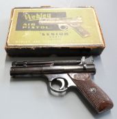 Webley Senior .22 air pistol with named and chequered Bakelite grips serial number 905, in
