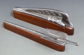 Plymouth car mascot with Art Deco stylised clipper boat, circa 1939, on wooden base, length 28cm