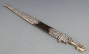 A 19th/20thC Eastern short sword in scabbard with bone and niello white metal hilt, double