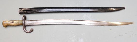 French 1866 pattern chassepot bayonet with downswept quillon, some clear stamps/marks, 57cm fullered