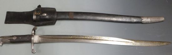 British 1856/58 pattern sword bayonet with some clear stamps, 58cm fullered yataghan blade, scabbard