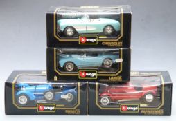 Four Burago 1:18 scale diecast model vehicles comprising Bugatti Type 59 (1934) 3005, Lancia Aurelia