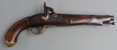16 bore percussion hammer action pistol with lock stamped with crown cypher and 'Tower', brass