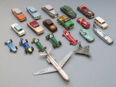 Twenty Dinky Toys diecast model vehicles including Thunderbolt Speed Record car 23m, five racing