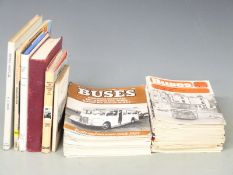 Books and magazines relating to buses including 1970's and 80's Buses magazines, two AVO meters,