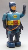 Nomura (Japan) Batman battery operated tinplate robot with two-tone blue body, vinyl head and