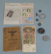 German Third Reich Nazi small collection of badges, soldiers book etc