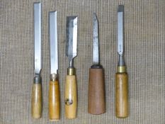 Five vintage woodworking chisels including named example for Marples, Sheffield