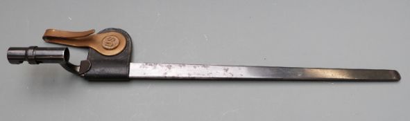 American 1873 pattern socket bayonet stamped to 45.5cm blade, with scabbard and brass belt clip