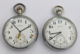 Two British Railways Midland region Recta keyless winding open faced pocket watches, both with