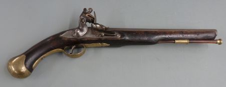 Flintlock hammer action pistol with brass trigger guard, butt cap and mounts, brass tipped wooden