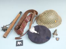 Steel helmet with Belgium Army decal together with Sam Brown belt etc