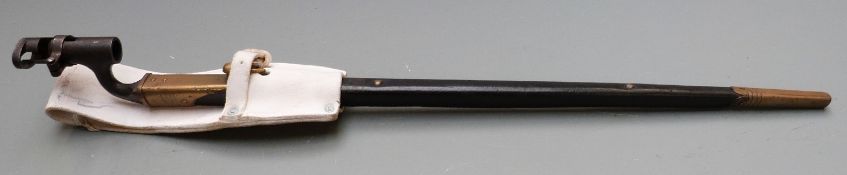 British 1895 pattern socket bayonet with some clear stamps to 55cm blade, with scabbard and frog
