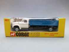 Corgi Toys diecast model Dodge 'Kew Fargo' Tipper with white cab, black chassis and blue bed, 483,