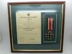 German Third Reich Nazi Iron Cross medal, framed and mounted with certificate