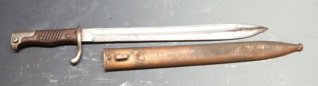 German 1898/05 pattern bayonet with part muzzle ring trimmed and no flashguard, some clear stamps,