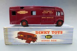 Dinky Toys diecast model Horse Box with maroon body, red hubs and 'British Railways Express Horse