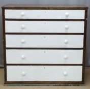 19th/20thC painted pine chest of five straight graduated drawers, W124 D54 H120cm