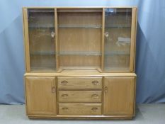 Ercol light elm dresser with removable glazed top, W156 D43 H159cm