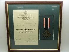 German Third Reich Nazi War Merit Cross with Swords medal, framed with certificate