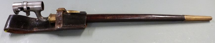 British 1853 pattern socket bayonet with some clear stamps to 43cm blade, with scabbard and frog