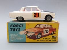 Corgi Toys diecast model Rover 2000 in Monte-Carlo Trim with white body, black bonnet, red interior,