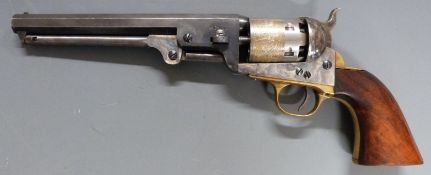 Italian Navy Arms Co six-shot single action .36 revolver with cylinder engraved with scenes of