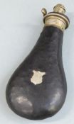 G & J W Hawksley leather covered powder flask with shield decoration, 20.5cm long.