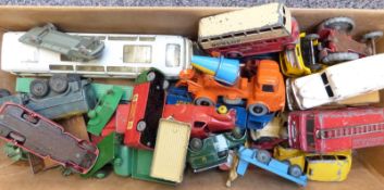 Thirty-two Dinky Toys diecast model commercial and agricultural vehicles including Ever Ready