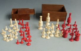A 19thC bone chess set and a similar part chess set, height of King of smaller set 5cm, larger 9cm
