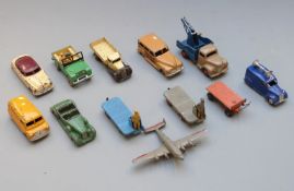 Twelve Dinky Toys diecast model vehicles including Loudspeaker Van, Dinky Service Commer, Kodak